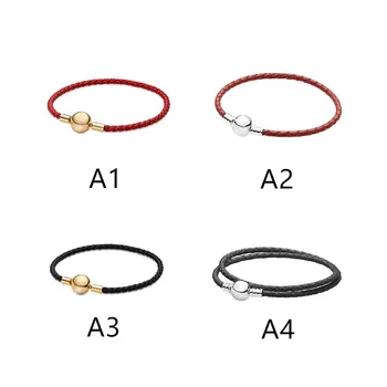 

Original 925 Sterling Silver Red Leather Double Circle Black Fashion Classic Basic Bracelet For Women Party Fashion Jewelry