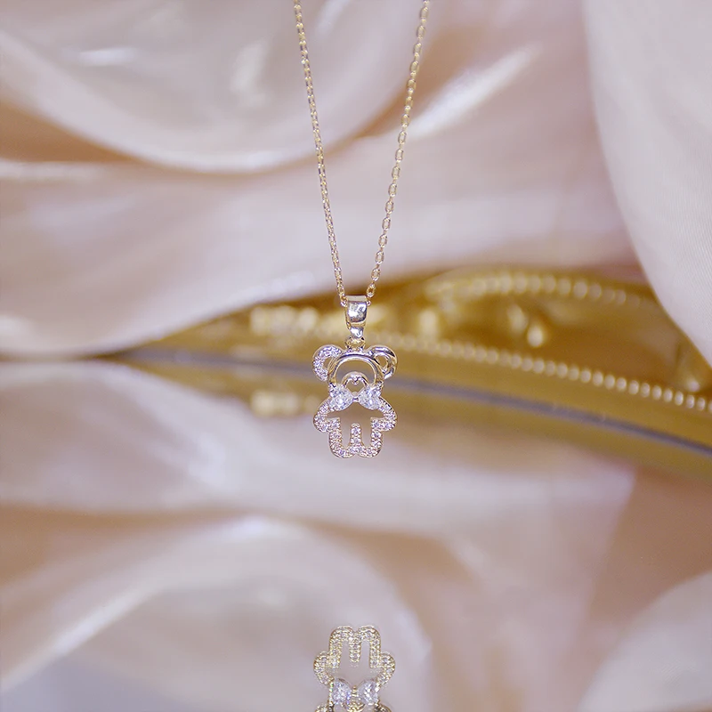 14k Real Gold Feminia Cute Bear Short Necklace for Women Ins Hot Sale Shine Zircon Choker Birthday Gift Wedding Jewelry Pendant