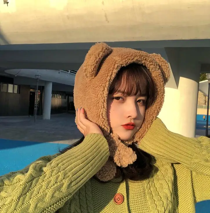 Winter Cute Bear Ears Warm Hat Women Beanies Windproof Cap Student Women Add Wool Cap Female Hat Present 3