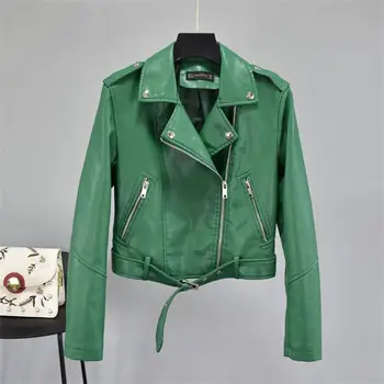 

New leather coat women 2020 spring models waist waist hem belt long sleeve motorcycle clothing leather jacket tide
