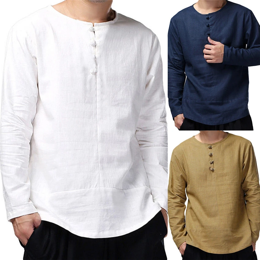 

Traditional Chinese Clothing for Men Tops Blouse Tang Suit China Fashion Style Button Casual Long Sleeve Solid Mens Shirt