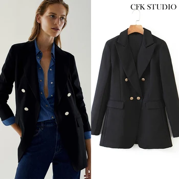 

Za Women Autumn Blazer With Double Button Solid Jacket 2020 Femme Winter Casual Loose Elegant Outwear Black Coat
