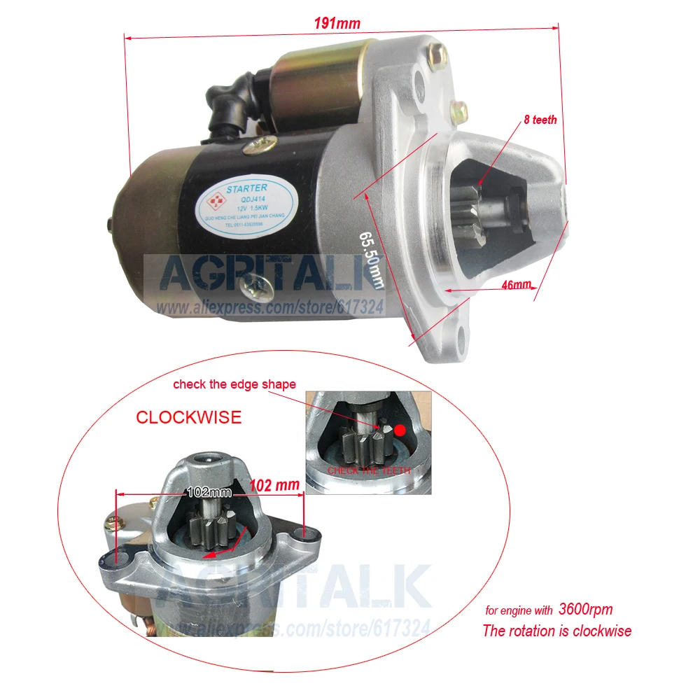 170F 178F 186F 188F 192F engine parts, the starter motor (two choice), please check rotation of