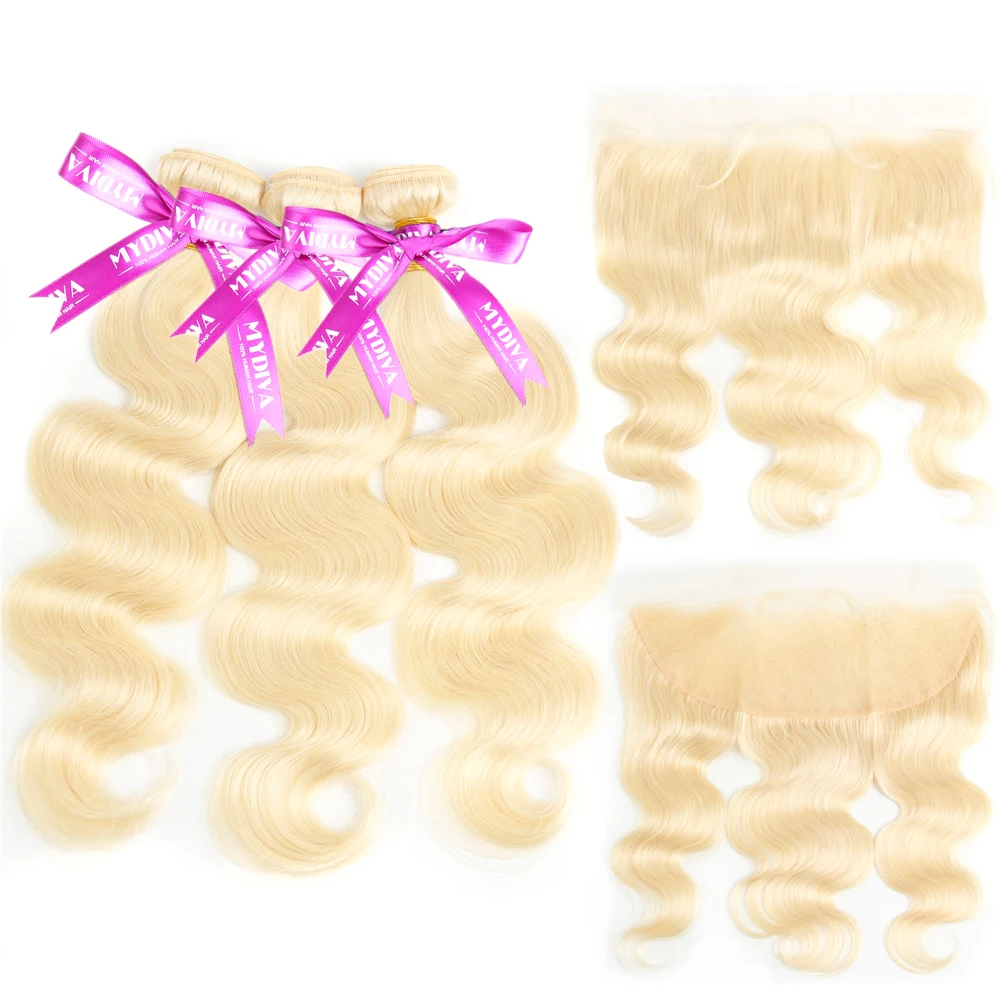 

613 Bundles With Frontal Brazilian Blonde Body Wave Human Hair Bundles With Frontal With Baby Hair Ear To Ear Honey Blonde Remy
