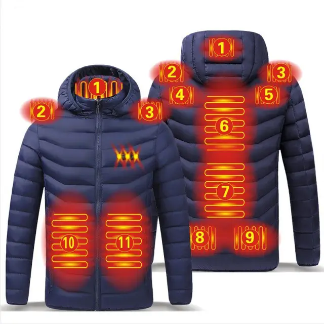 2021 NWE Men Winter Warm USB Heating Jackets Smart Thermostat Pure Color Hooded Heated Clothing Waterproof  Warm Jackets 11 Heated Blue