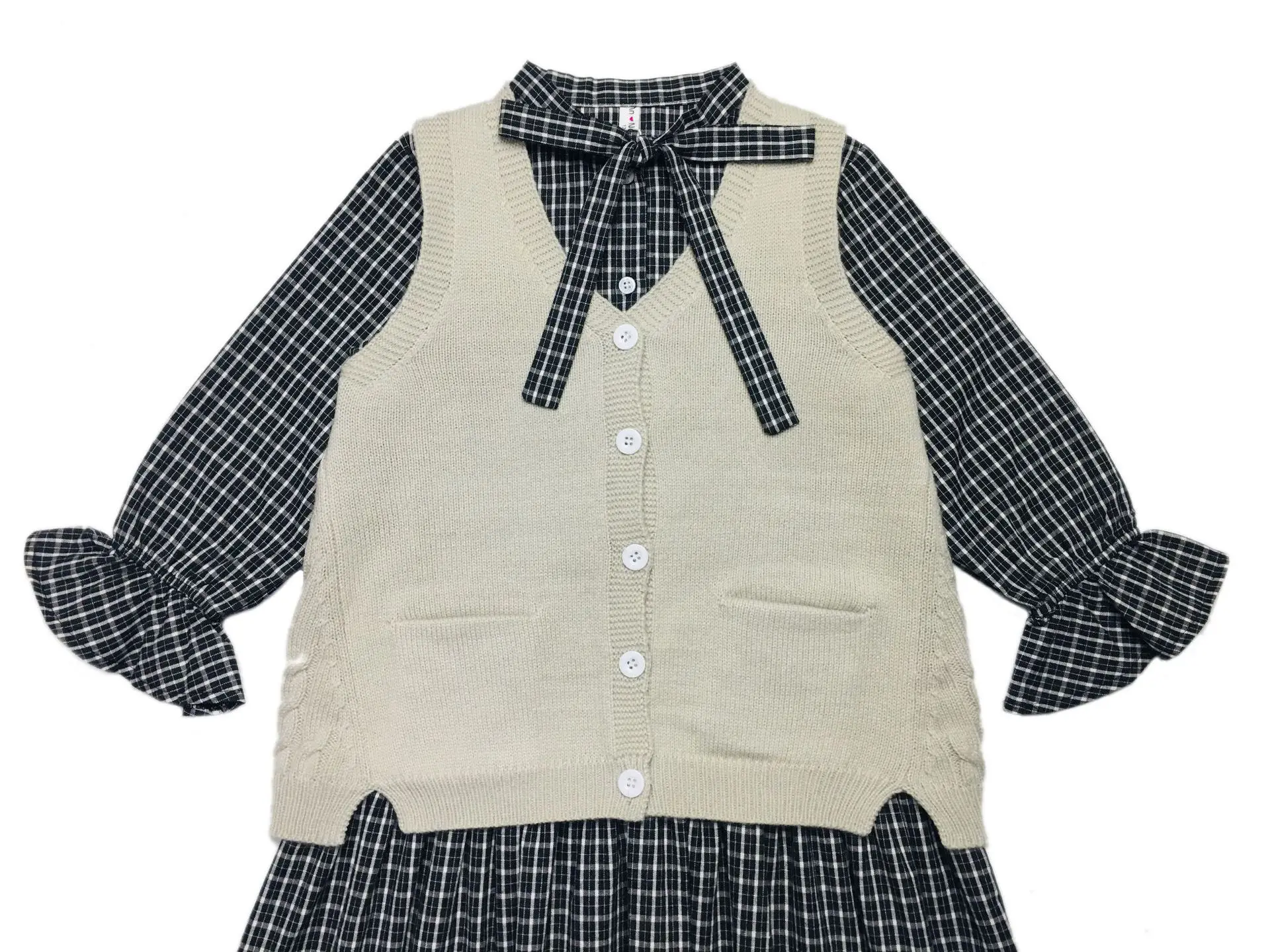 Girls Plaid Dresses and Knit Vest Two-piece Set Baby Girls Casual Clothing Set Kids New Autumn and Winter Clothing Set,#8116