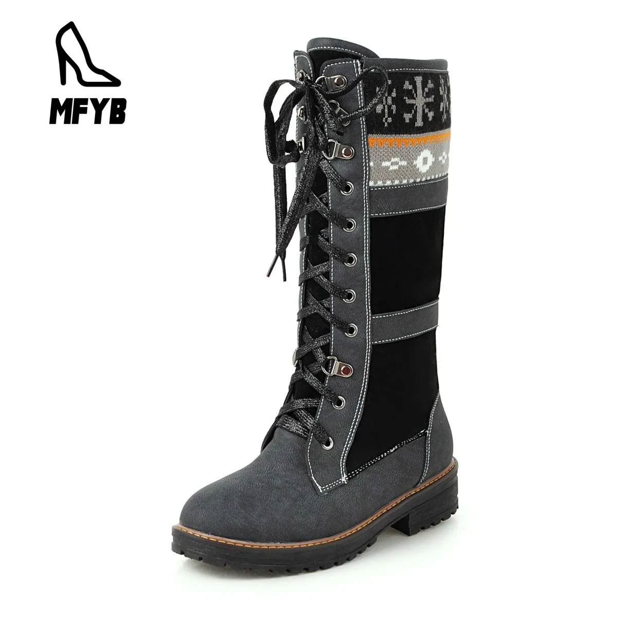 

MFYB Women's Boots 2019 Winter New Comfortable Low Heel Women's Shoes 35-43 Large Size Round Toe Cross Strap Calf Knight Boots