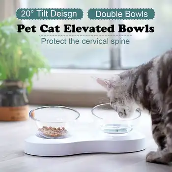 

Non-slip Pet Cat Double Food Bowls Tilt Design Cat Feeder Water Bowls With Feeder Stand Pet Supplies for Dogs Cats