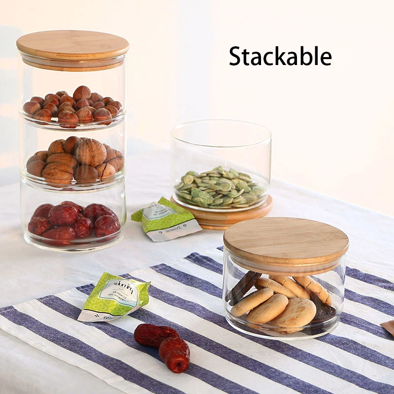 Stackable Storage Jar Glass Storage Container with Lid 3 Tier Glass Stacking Apothecary Jar 3 Layer Glass Food Jar for Snack Pantry Shelf Wood Lid