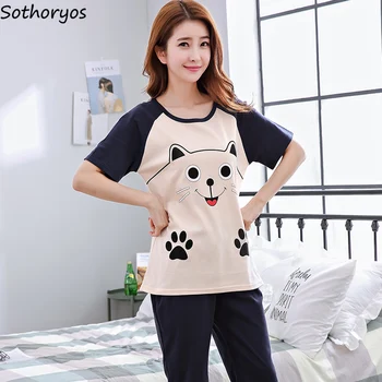 

Pajama Sets Women Sleepwear Female Summer Trendy Short-sleeved Thin Home Clothing Korean Style Kawaii Cartoon Womens Casual Soft