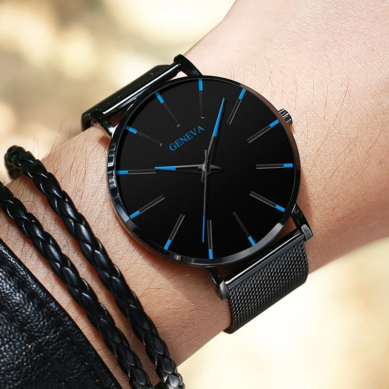 Креативные мужские часы с синим циферблатом, повседневные новые брендовые Модные кварцевые повседневные часы с сетчатым ремешком из нержавеющей стали, ультра тонкие деловые наручные часы