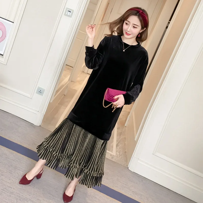 

Maternity Clothes 2018 Spring-Style New Style Joint Gold Velvet Dress Loose-Fit Pregnancy Fashion