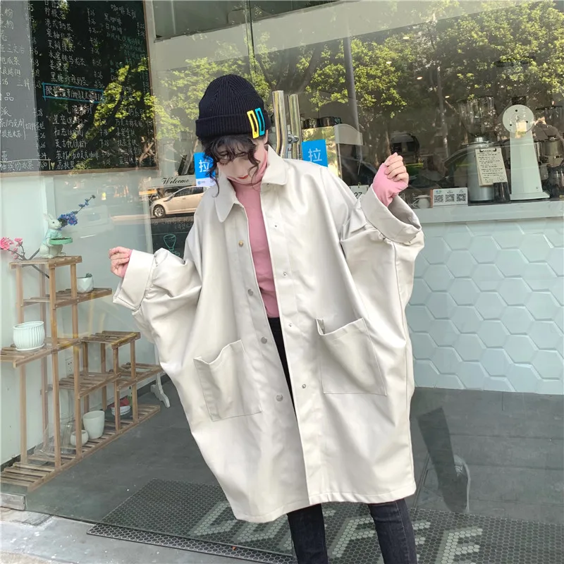 Neploe Harajuku BF стиль PU куртка Летучая мышь с длинным рукавом средней длины кожаное пальто осеннее корейское Женское пальто большого размера верхняя одежда 55536