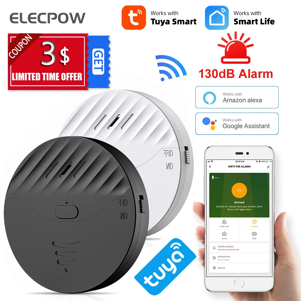 Elecpow Tuya Smart WiFi Alarm Door And Window Vibration Sensor Security Protection Alert Works