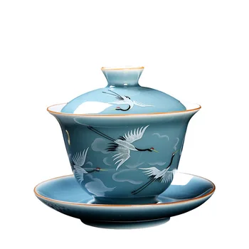 

Ceramic Blue Household Tea Making Device Handmade Coloured Drawing Xiang He Tureen Sopera De Ceramica Gaiwan Gift for Boyfriend