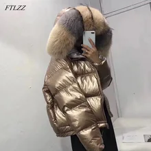 FTLZZ Women Double Sided Silver Golden Duck Down Coat Winter Large Real Fur Collar Waterproof Jacket Hooded Snow Outerwear
