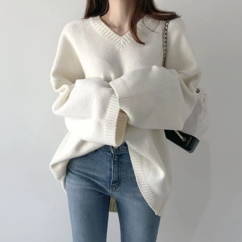 

RUGOD 2020 New Arrival Solid Loose Long Sleevewomen Pullover V-neck Female Sweaters Fashion Chic Warm Women's Outfit