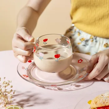 

Creative Cute Coffee Cups Saucer Handpainted Transparent Glass Water Cup Set Funny Reusable Tazas De Cafe Drinkware EB50BD