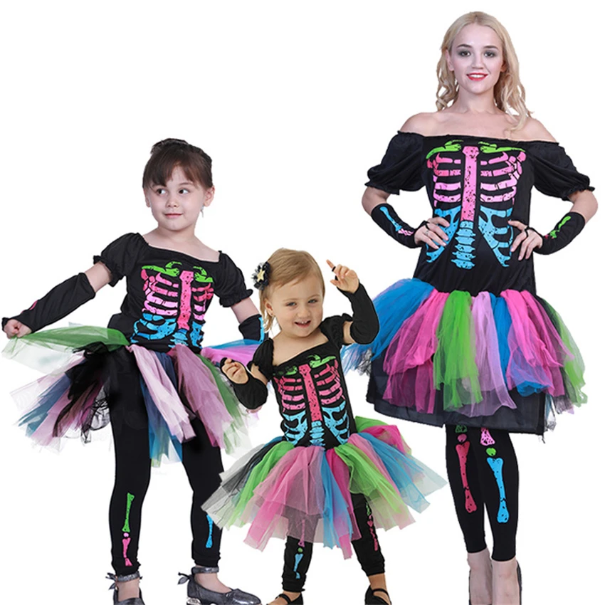 

2019 Halloween Dress Women Scary Jumpsuit Skeleton Cosplay Kids Skull Costume Baby Girl Rompers Witch Steampunk Disguise Devil