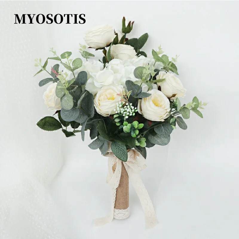 Ramo Novia Flower Bouquet Ivory Champagne Artificial Rose Bridal Bouquet Accessories Boutonniere Corsage Wedding  Fleur