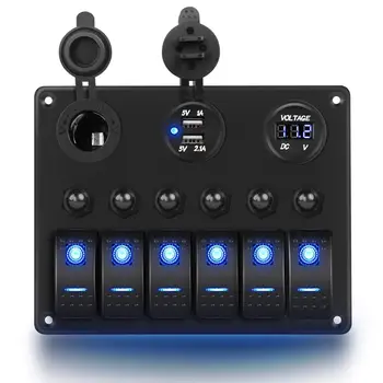 

6 Gang 5 Pin ON/Off Toggle Rocker Switch Panel with 12V-24V LED Digital Voltmeter 3.1A Dual USB Charger Cigarette Lighter Socket