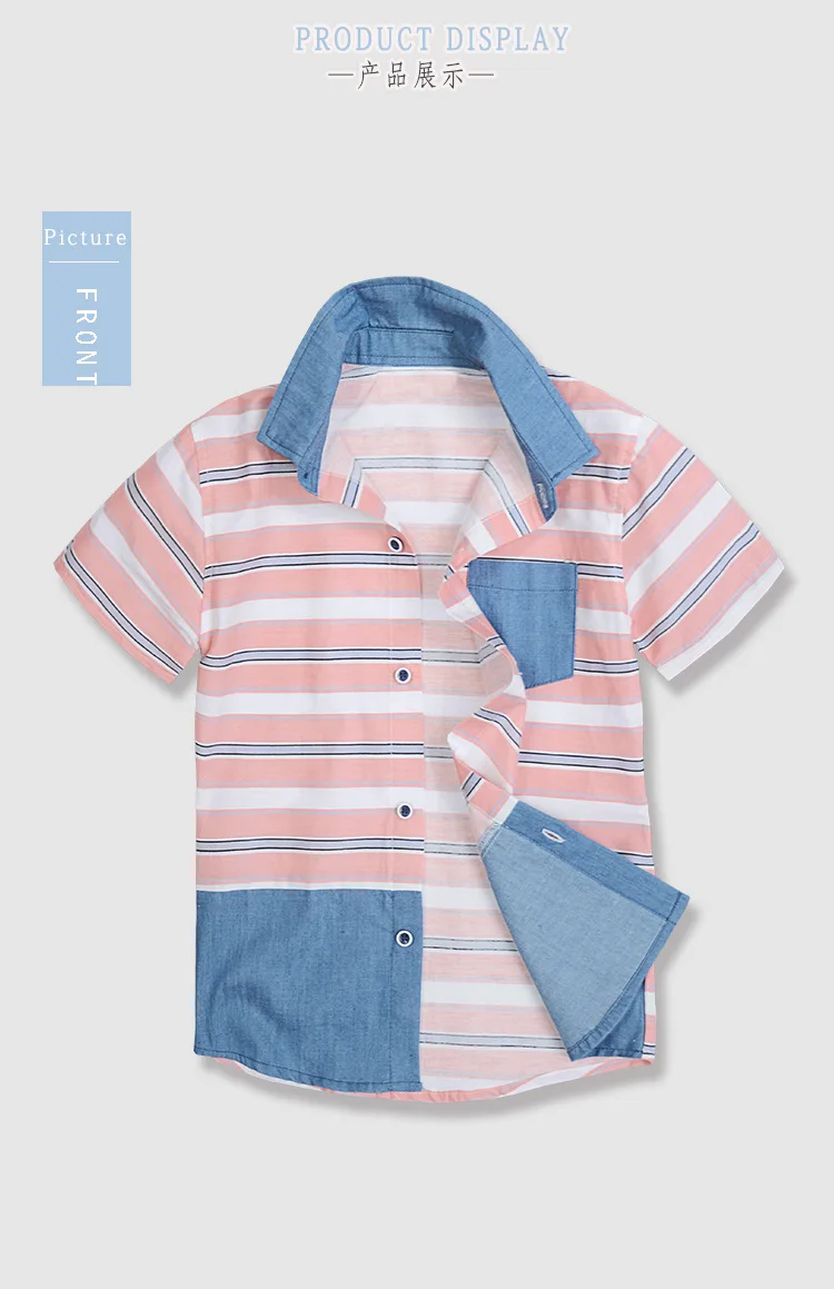 BOY'S Striped Shirt Short Sleeve Europe And America 4-12-Year-Old Big Boy Tops Fashion Joint Cowboy Shirt Factory Direct Selling