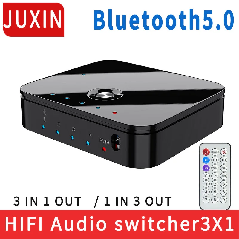 Conmutador auxiliar estéreo HIFI de 4 puertos, 3,5mm, 3 en 1, música inalámbrica, Bluetooth 5,0, receptores de sonido, Control remoto infrarrojo