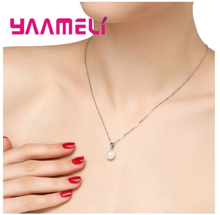 Smooth Women Wedding Jewelry Sets 925 Sterling Silver Ball Round Freswater Pearl Necklace Hoop Earrings Fashion Accessories 6