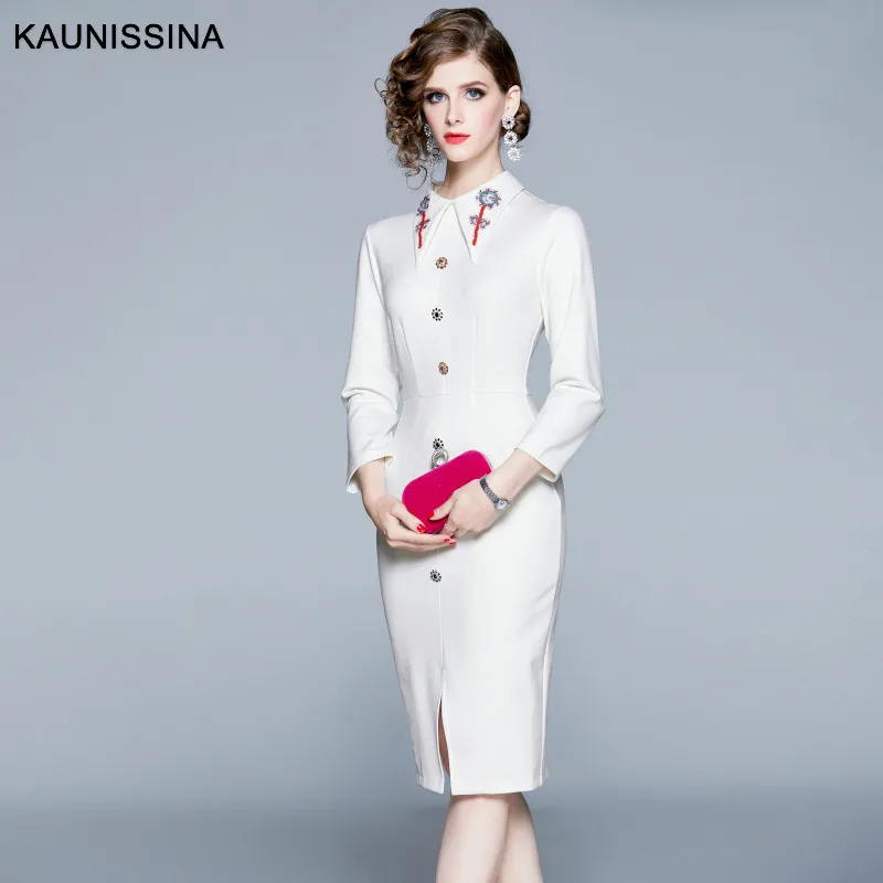 KAUNISSINA/ г. Новое осеннее платье Элегантная Коктейльная платье с бусинами, отложным воротником, длиной до колен, бисером, роскошными платьями-карандашами - Цвет: Белый