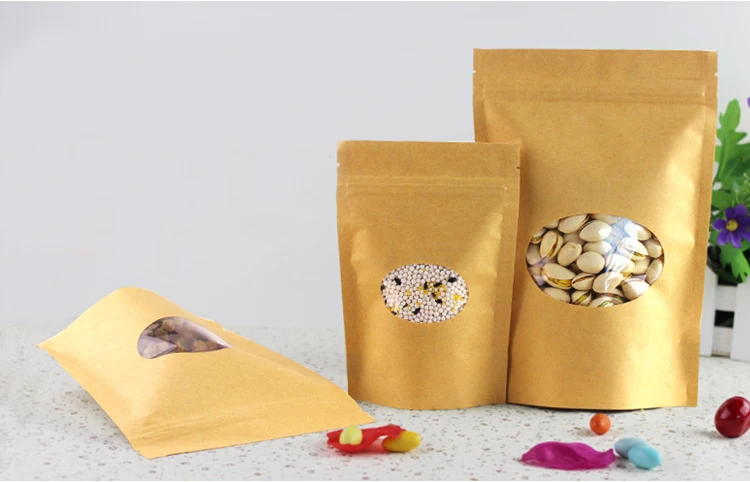 

14*19+4cm 50pcs Stand Up Clear Window Brown kraft paper bags with Zipper lock for Food/Tea/Nut/Coffee Resealable Packaging Bag