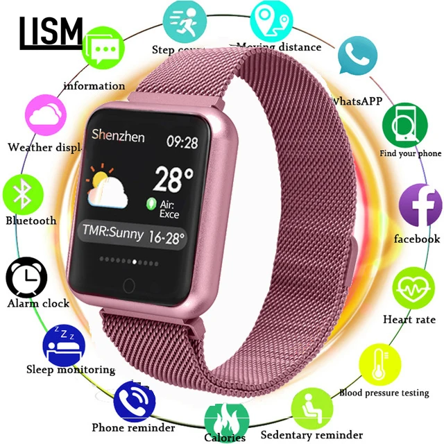 Online Reloj inteligente P68 hombres mujeres presión arterial Monitor de ritmo cardíaco rastreador deportivo reloj inteligente IP68 conectar Xiaomi Huawei Android IOS