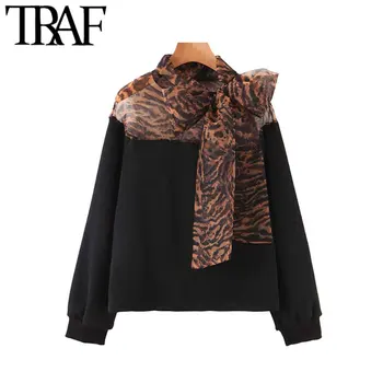 

TRAF Women Vintage Elegant Organza Patchwork Blouses Fashion Bow Tie Collar Long Sleeve Female Shirts Blusas Chic Tops