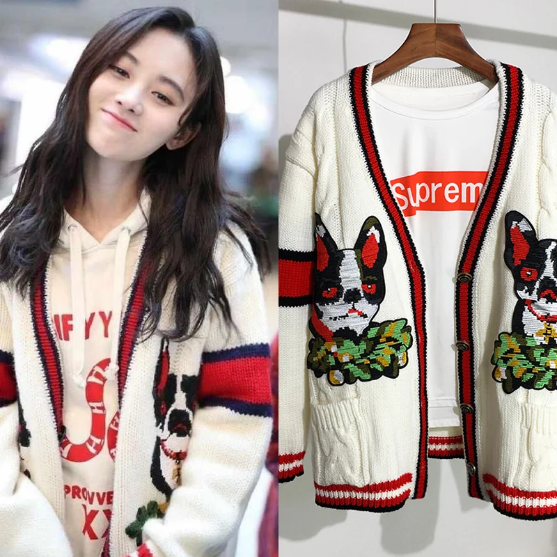 ^*Best Offers New coat women s version loose Dog Embroidery Patch student knitting cardigan lazy style