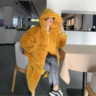 Yellow Зимнее длинное пальто из искусственного меха для женщин с капюшоном в Корейском стиле, с длинным рукавом, с имитацией кролика, Меховая куртка, Модное теплое пальто для женщин, зимнее пальто - Цвет: Yellow
