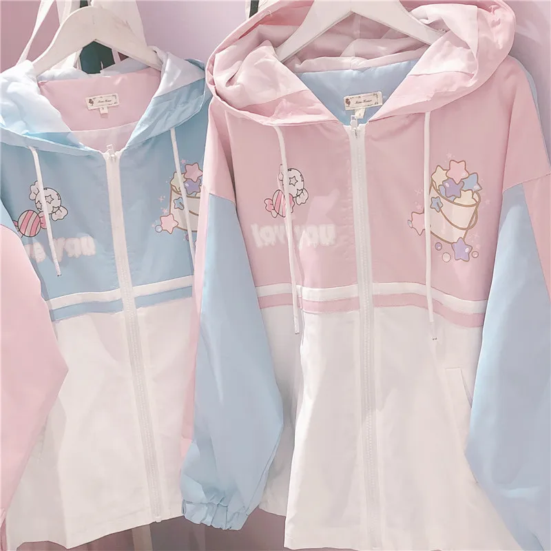 Harajuku Mori Girl Лоскутная Свободная куртка на молнии с мультяшным принтом осеннее