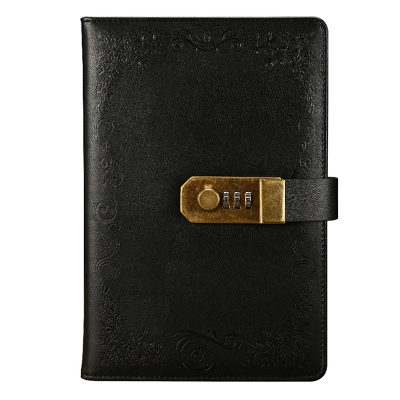 Black Diary with Lock Notebook A5 Vintage Lockable Paper PU Leather
