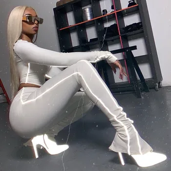 

Streetwear Reflective Long Sleeve Crop Top And Pants 2 Piece Set Women Sexy Bodycon Tracksuits