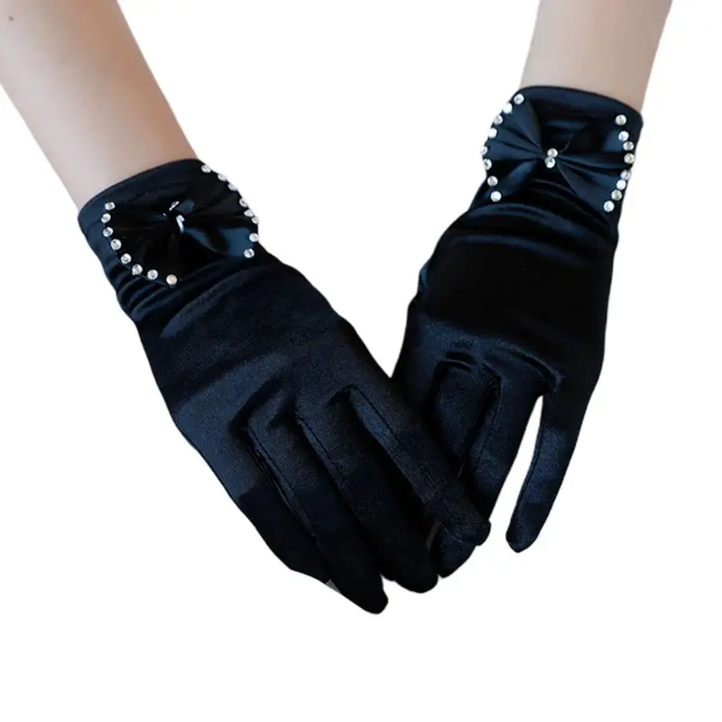 

Vintage Satin Short Wedding Gloves Rhinestone Bowknot 1920s Flapper Party Mitten