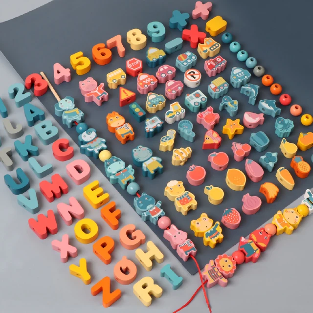 Kids Montessori Wooden Lacing Toy DIY Wooden Beads For Children Cartoon Animals Fruit Letter Digital Beads Threading Toys Gifts 2