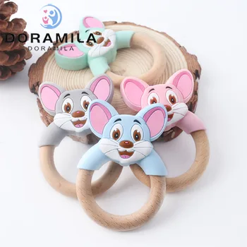

1PC Cartoon Silicone Mouse Teether Food Grade Wooden Ring Teething Ring Tooth Nursing Baby Shower Gifts Baby Teether