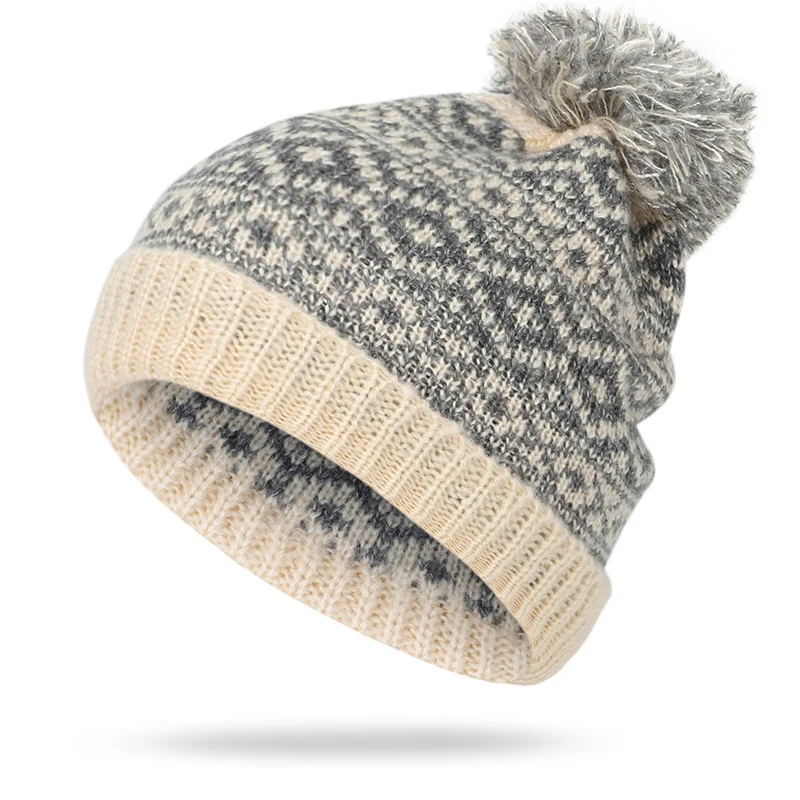 Winter Hats For Women To Keep Warm Pompoms Natural Knit Hat Women Beanie Cotton Fluffy Hat Hedging  Cap Variegated Plaid Cap New 5
