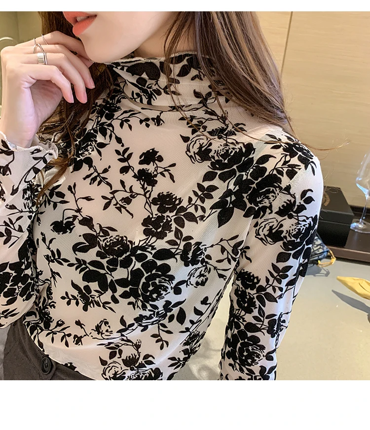 Korean Fashion Mesh Women Blouses Office Lady Shirt and Blouse Long Sleeve Floral Blusas Largas Loose Womens Sexy Tops