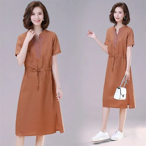 

Cotton Linen Dress Summer Wear for Women 2019 New Style Short Sleeve Slim Fit A- line Skirt V-neck Elegant Casual Medium-length
