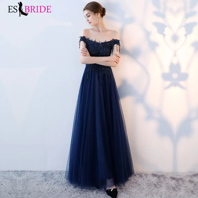 

Long Evening Dress 2019 Hot Sale Off-Shoulder Neck Navy Blue Lace Up Formal Evening Dresses Robe De Soiree