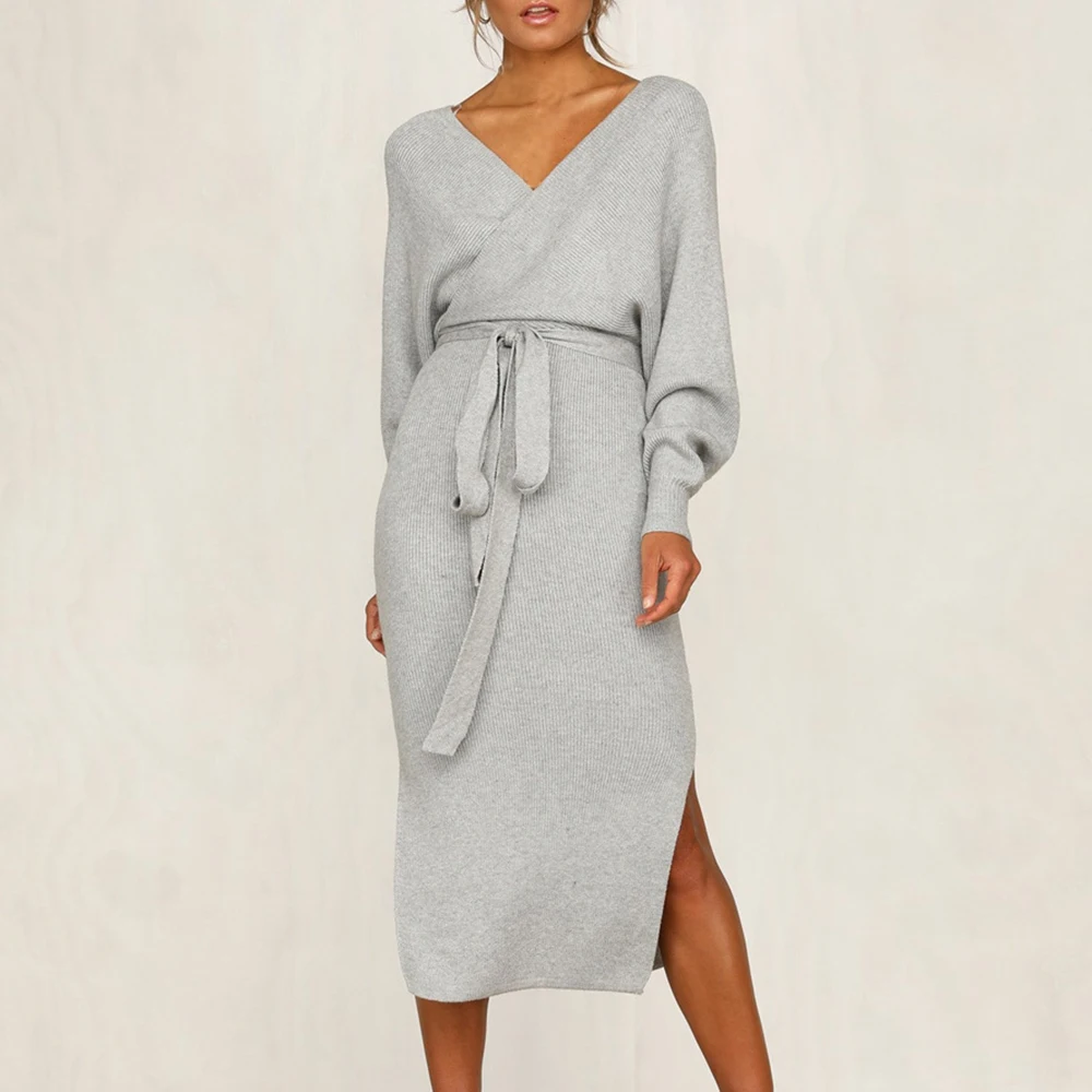 Casual Ladies Dresses Women Long-sleeved V-neck Belted Knitwear Vestidos Ropa Mujer Autumn Sexy Midi Dress Long Knitted Sweaters