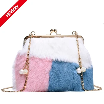 

Famous Brand Fashion Luxury Fur Bag Female Large Capacity Regular Handbag Blue White Feather Party Women's Fur Bag For 2020