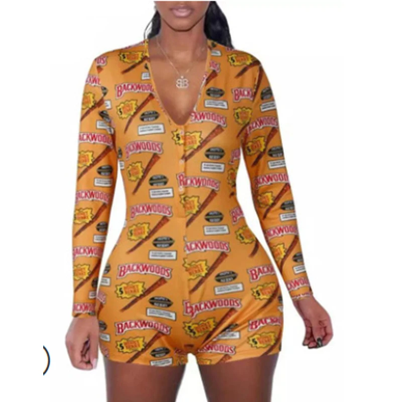 

Sexy Women V-neck Animal Print Bodycon Sleepwear Jumpsuit Button Bodysuit Shorts Romper 3 Colors Leotard Long Sleeve Bodysuit
