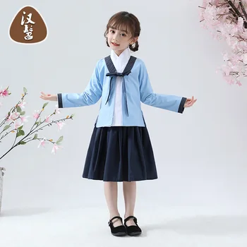 

Hanjiao children Clothes Chinese style retro three-character long sleeve Chinese school class Hanfu Performance Acting Costume