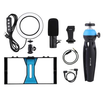 

Puluz 4 In 1 Vlogging Live Broadcast Smartphone Video Rig +4.6 Inch Ring Led Video Light & Microphone+Tripod Mount+Tripod Head