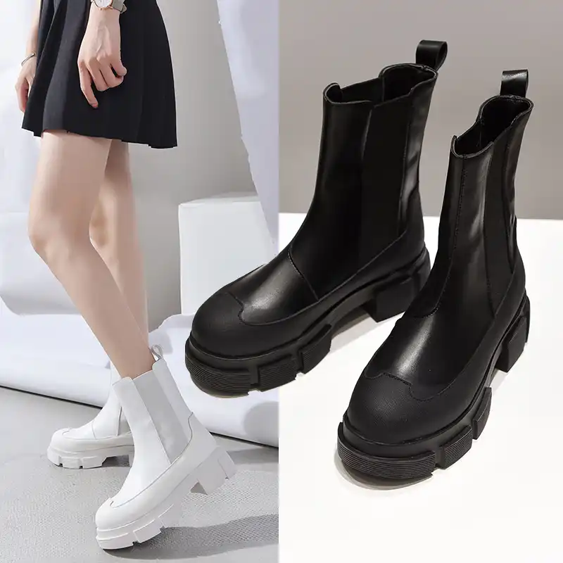 秋のpuの女性のファッション厚底オートバイブーツ女性カジュアルプラットフォームbota S 女性の白黒 アンクルブーツ Aliexpress